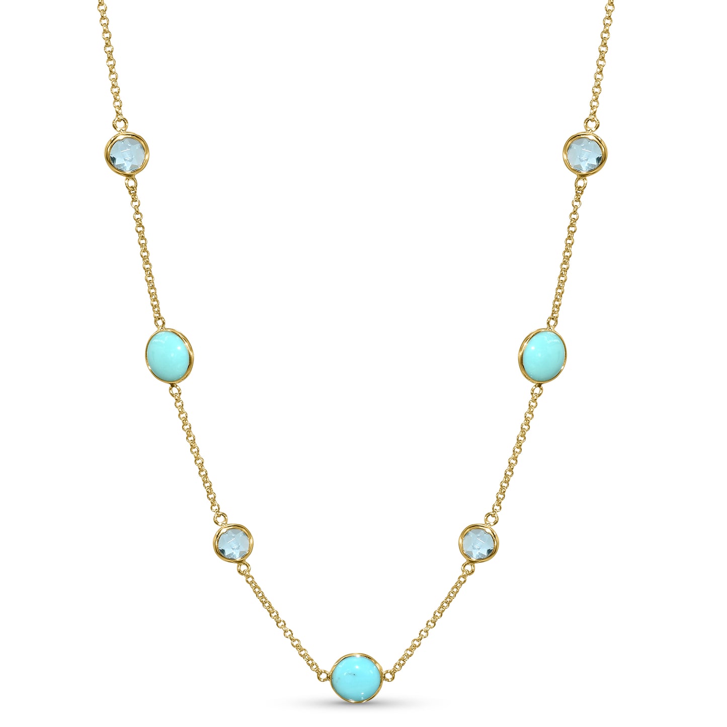 14k Swiss Blue Topaz Turquoise 7 Station Necklace