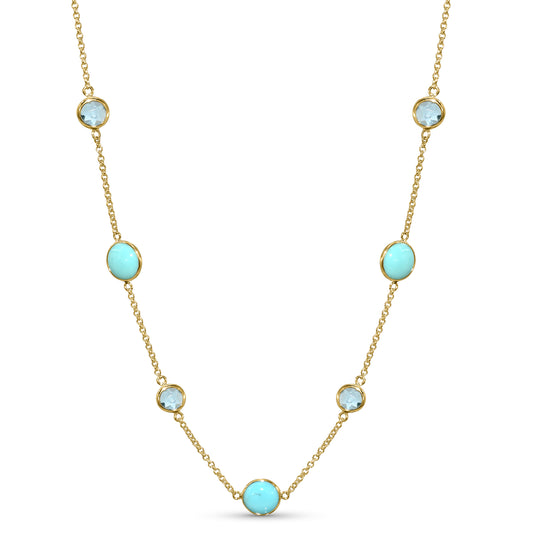14k Swiss Blue Topaz Turquoise 7 Station Necklace