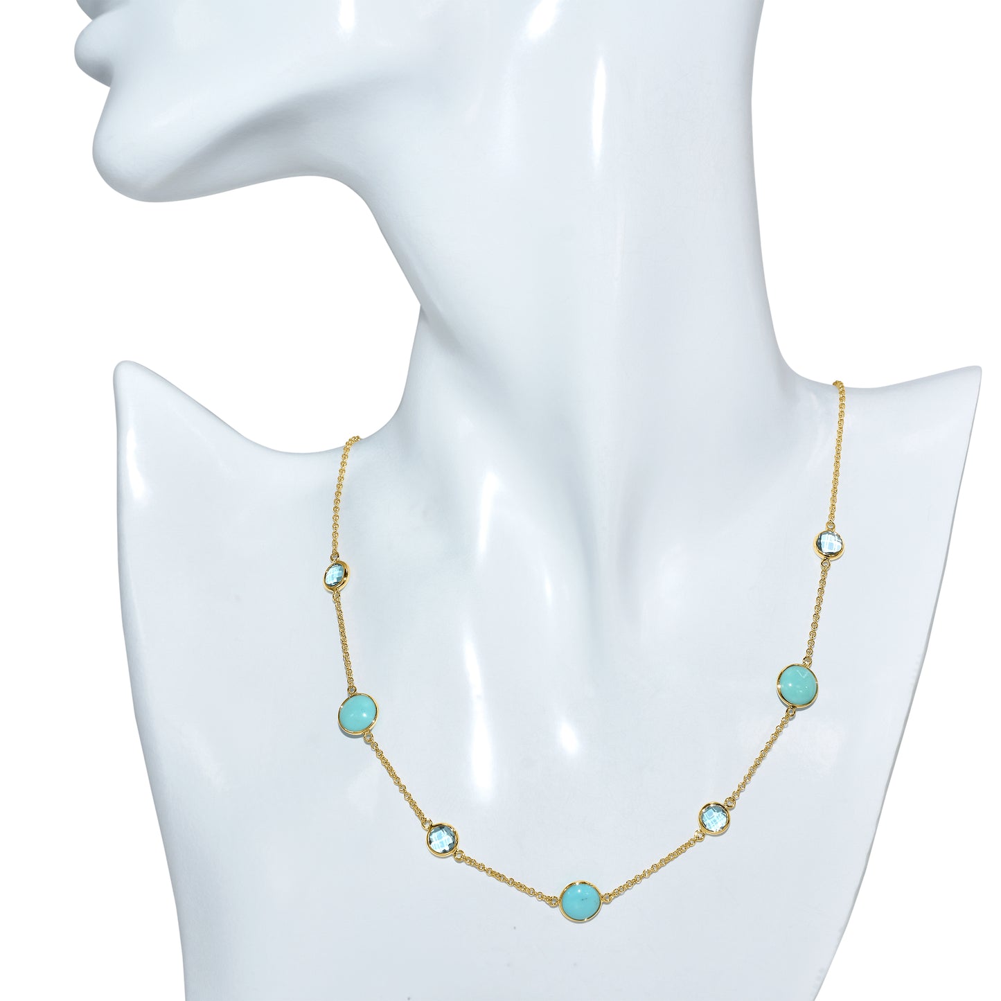 14k Swiss Blue Topaz Turquoise 7 Station Necklace