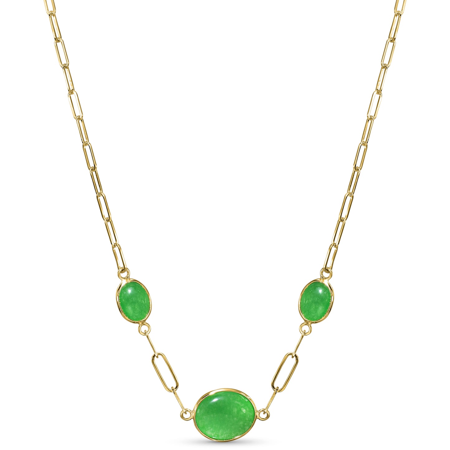14k Green Jade 3 Oval Bezel Paperclip Chain Necklace