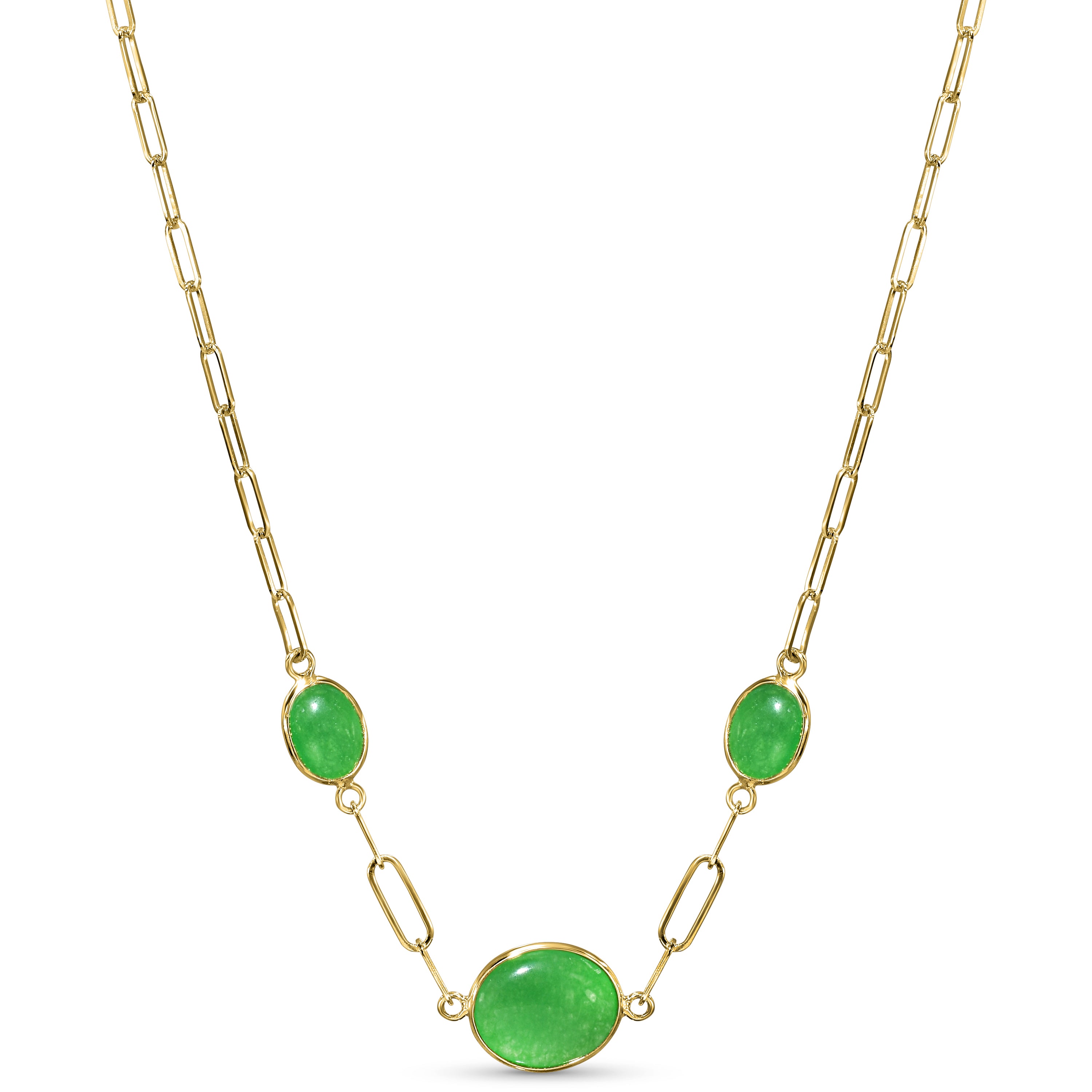 14k Green Jade 3 Oval Bezel Paperclip Chain Necklace