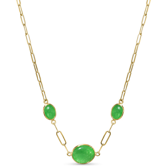 14k Green Jade 3 Oval Bezel Paperclip Chain Necklace
