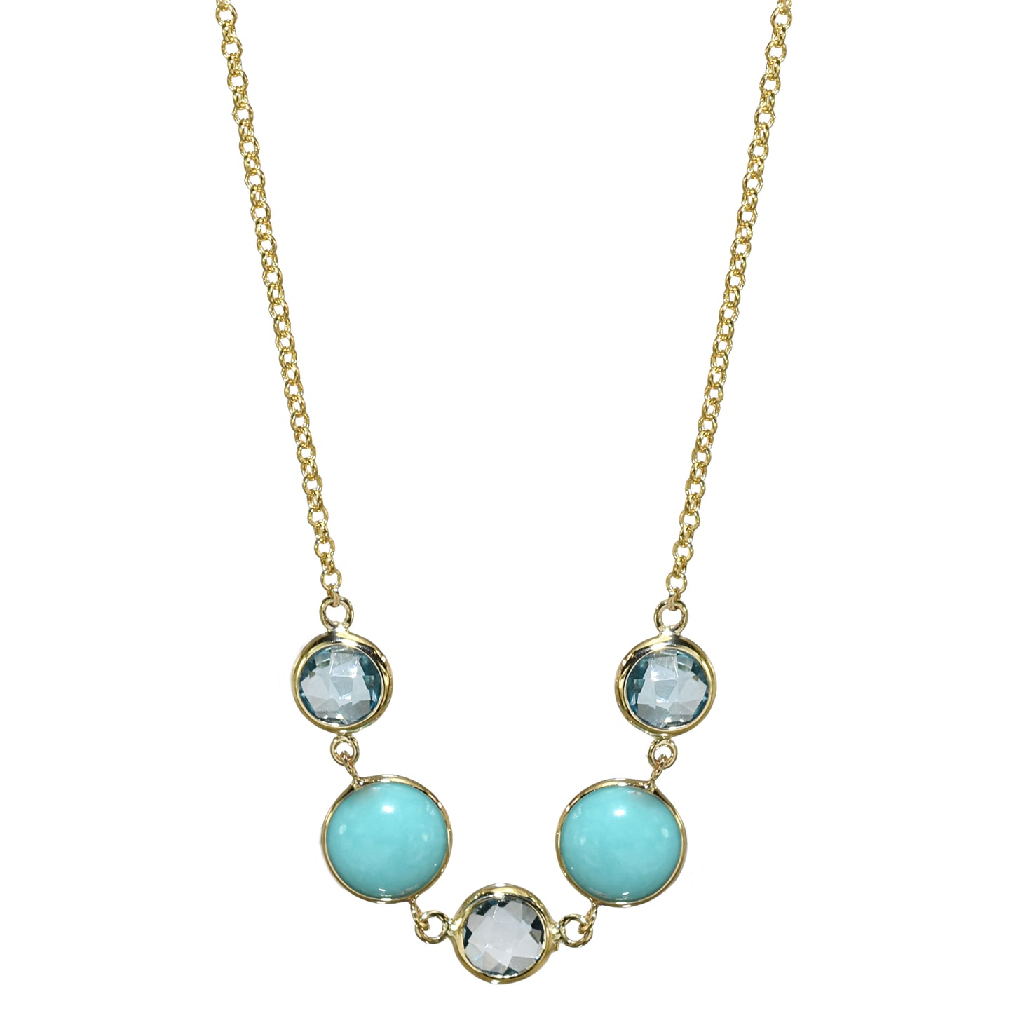 14k Swiss Blue Topaz Turquoise 5 Bezel Necklace