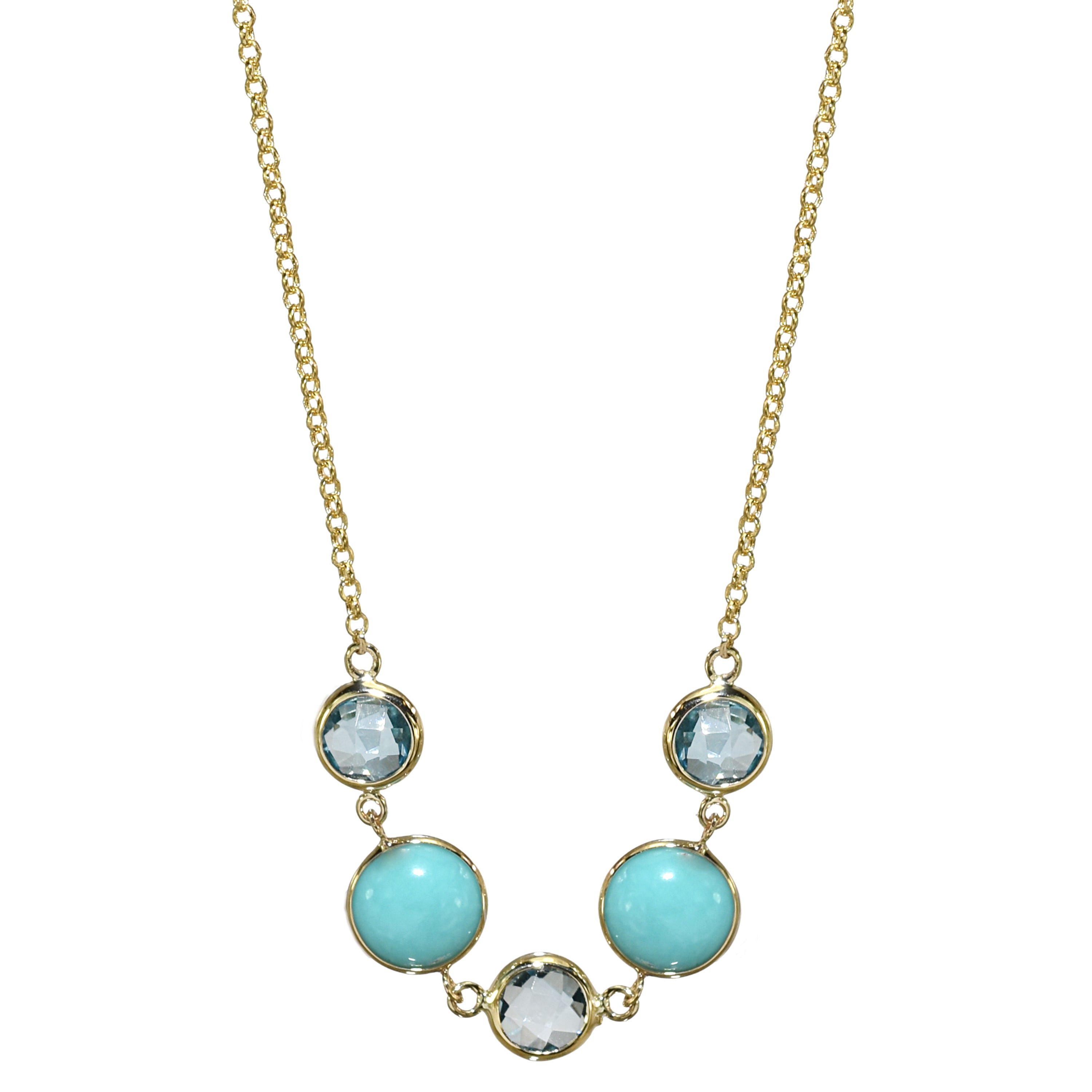 14k Swiss Blue Topaz Turquoise 5 Bezel Necklace