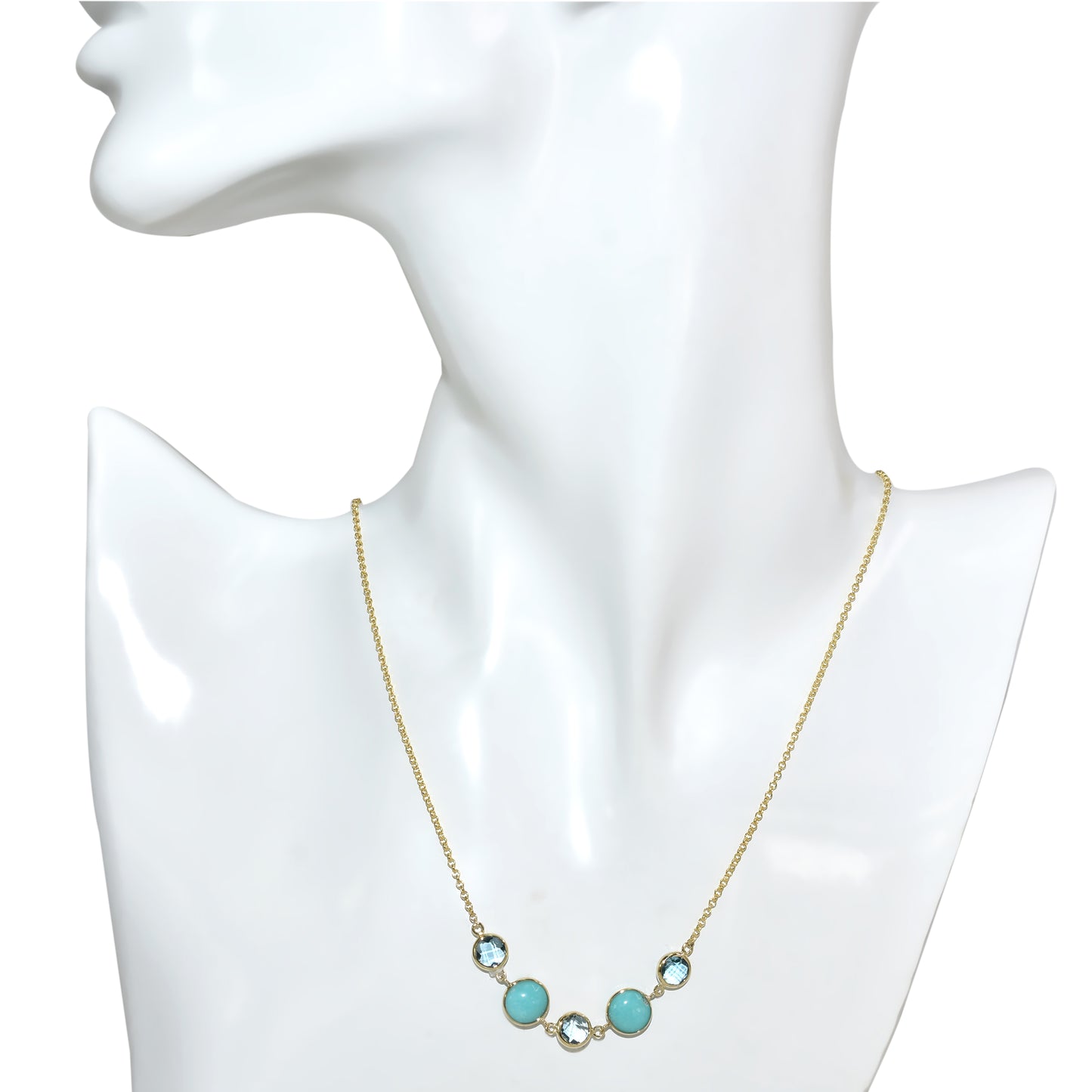 14k Swiss Blue Topaz Turquoise 5 Bezel Necklace