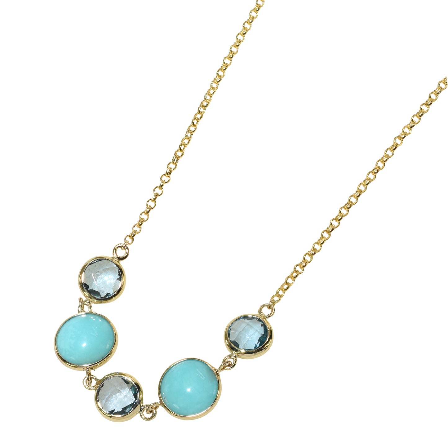 14k Swiss Blue Topaz Turquoise 5 Bezel Necklace
