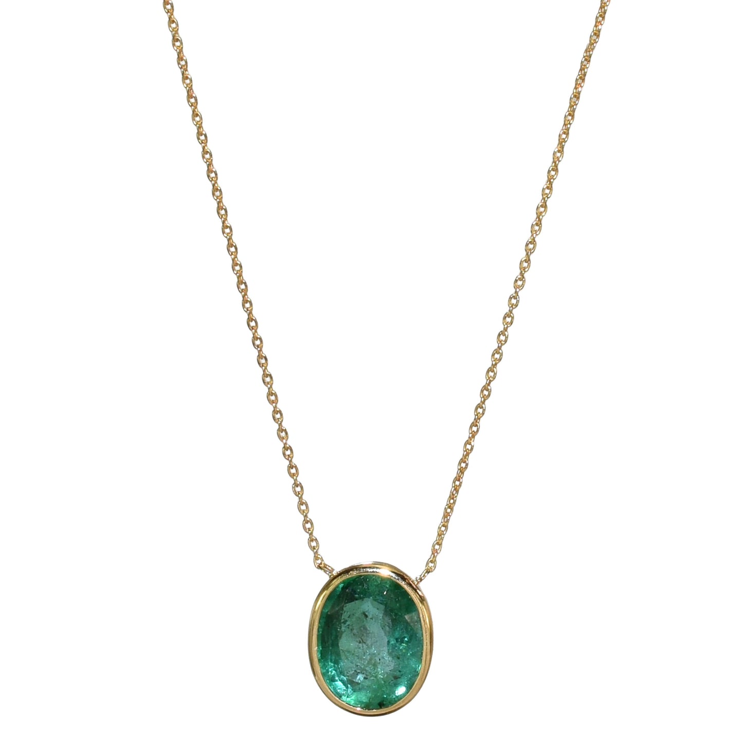 14k Oval Shaped Bezel Emerald Necklace