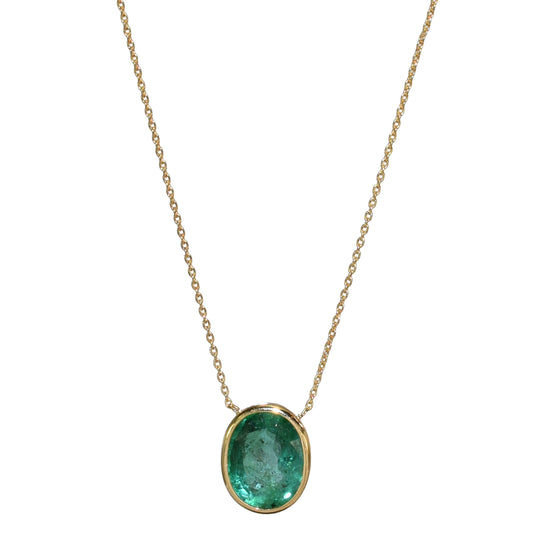 14k Oval Shaped Bezel Emerald Necklace