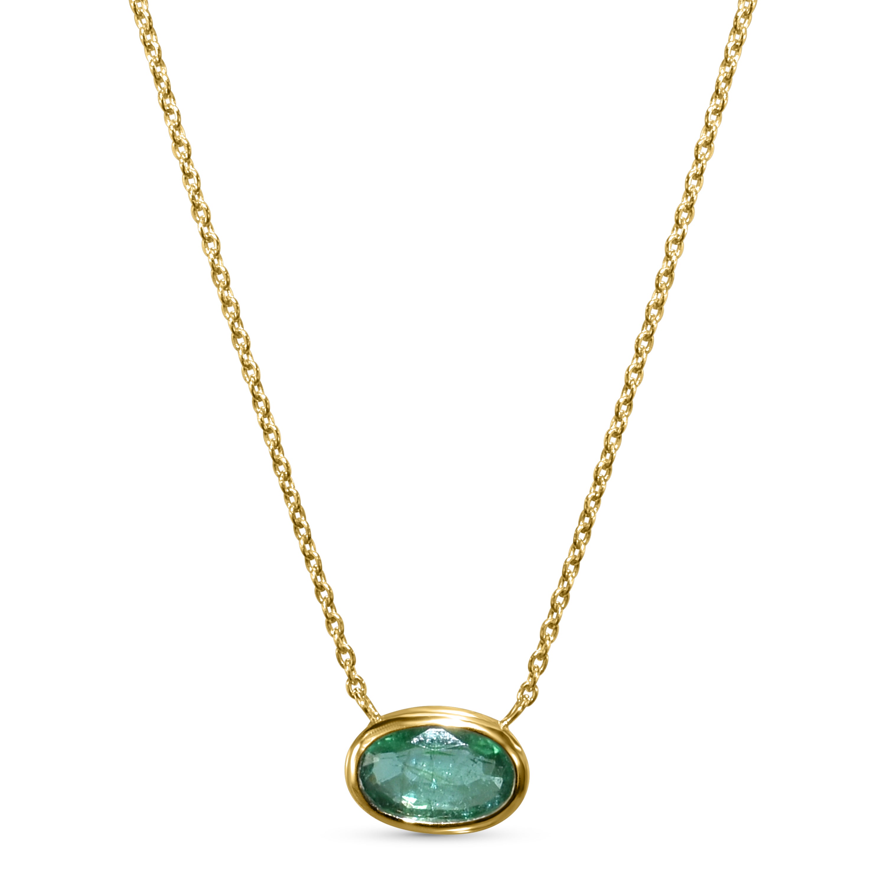 14k Oval Shaped Bezel Emerald Necklace
