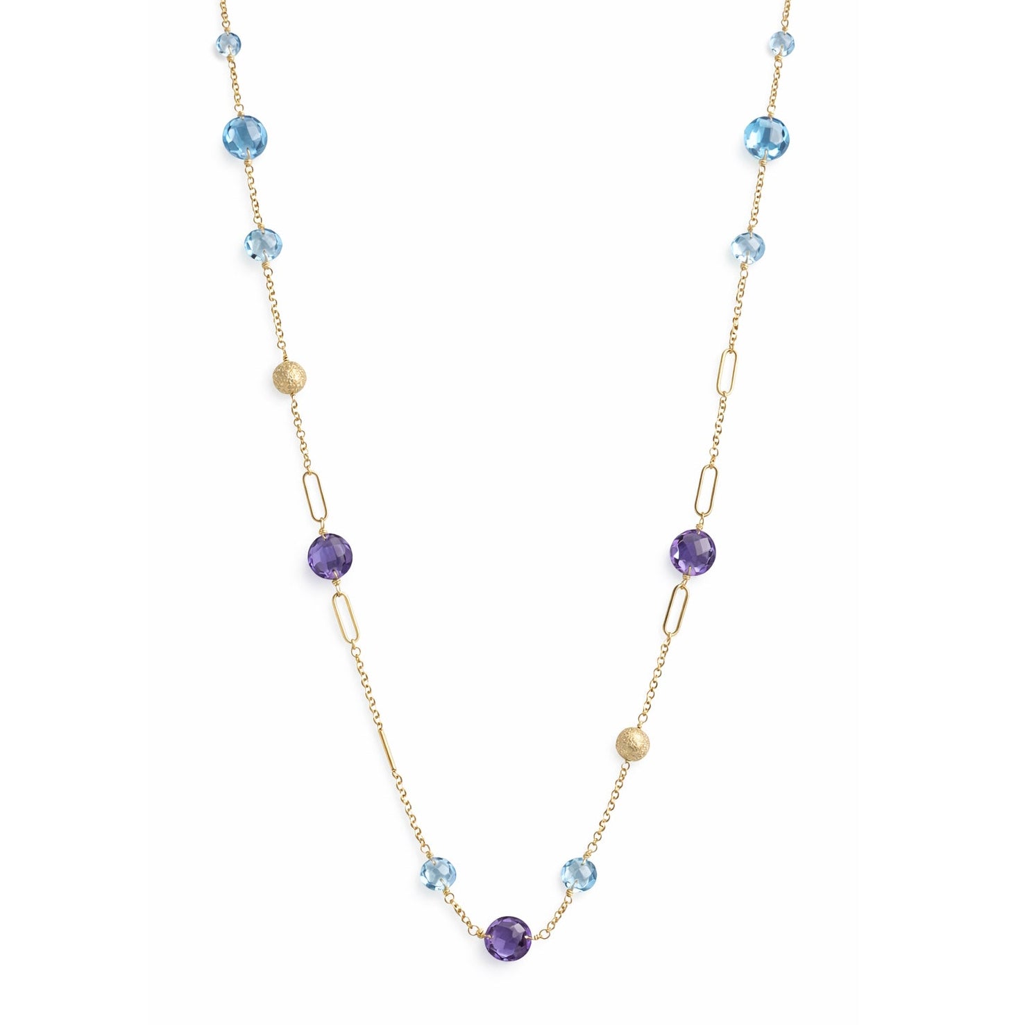 14k Swiss Blue Topaz & Amethyst Paperclip Station Necklace