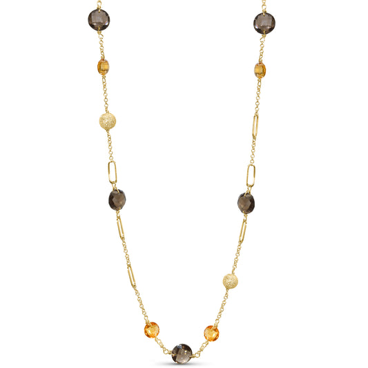 14k Citrine Smoky Quartz Coin Fancy Station Necklace