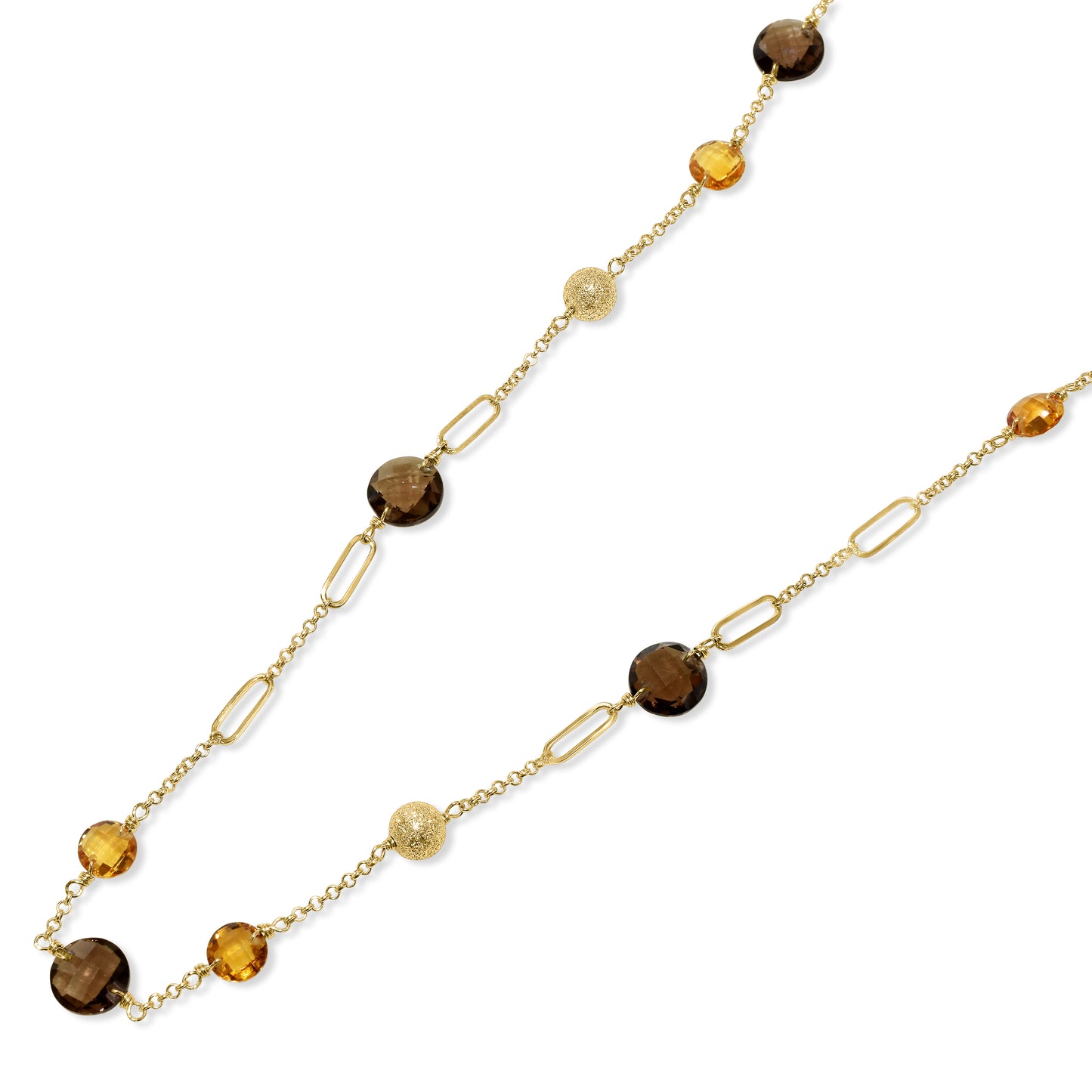 14k Citrine Smoky Quartz Coin Fancy Station Necklace