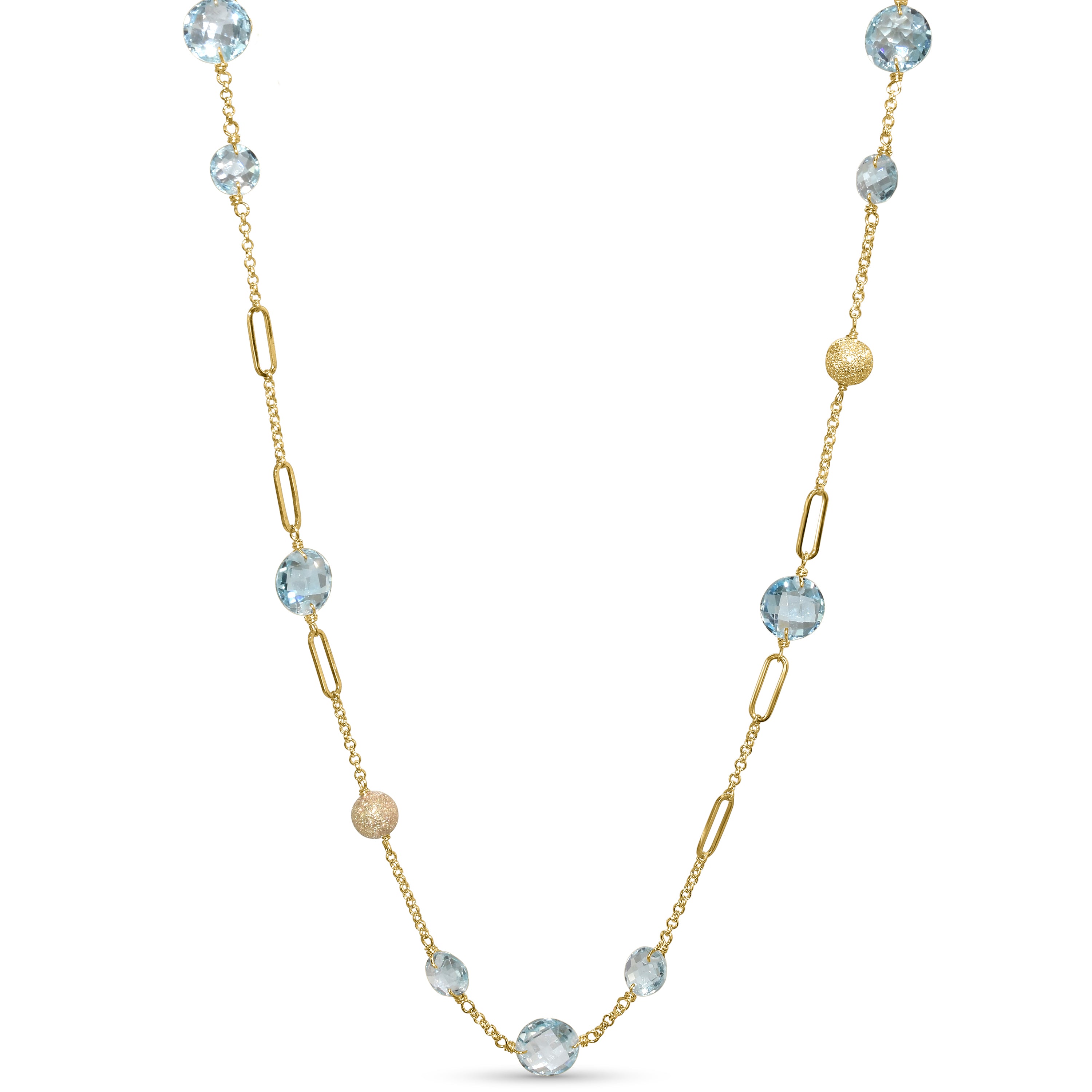 14k Blue Topaz Coin Fancy Station Necklace