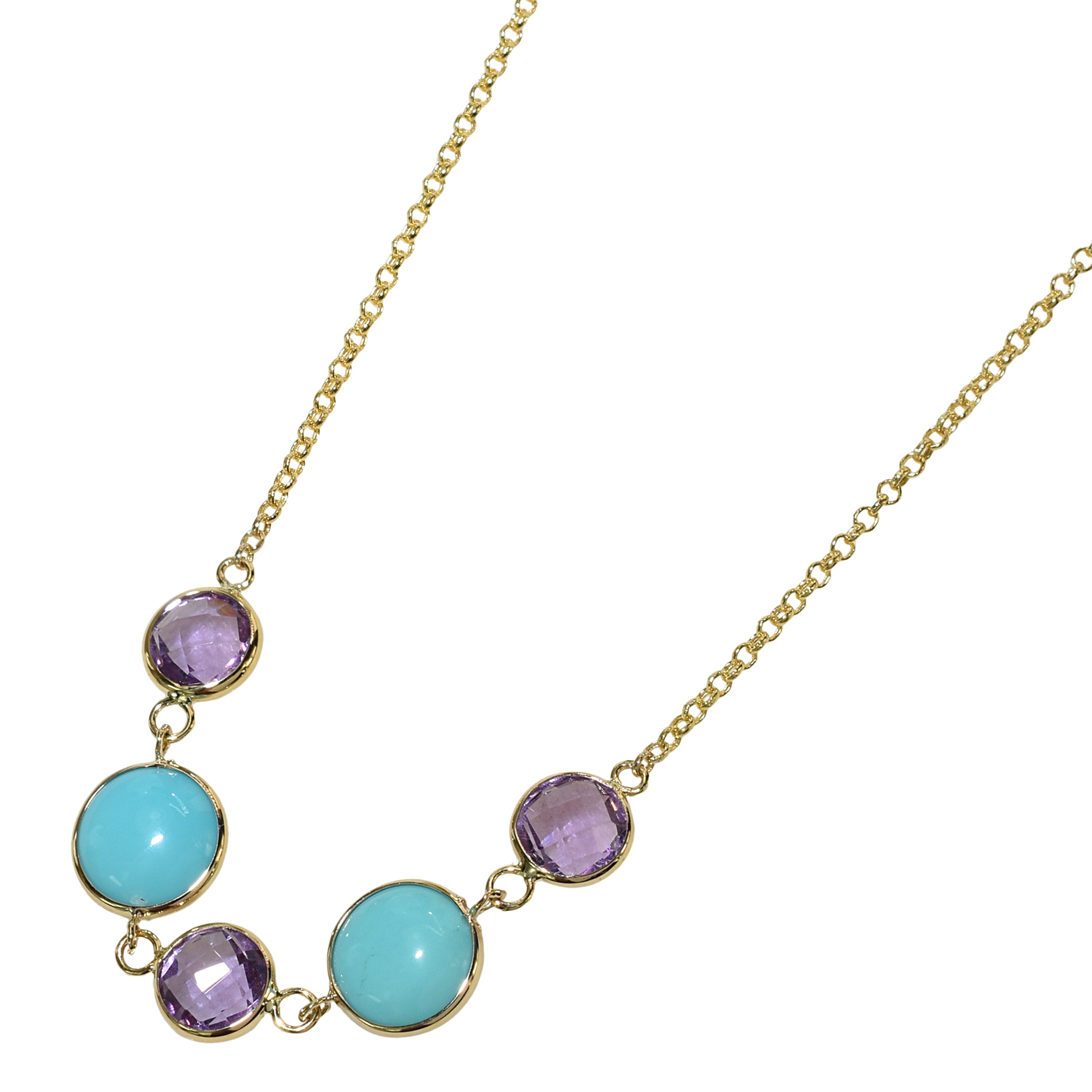 14k Amethyst Turquoise Five Piece Link Necklace