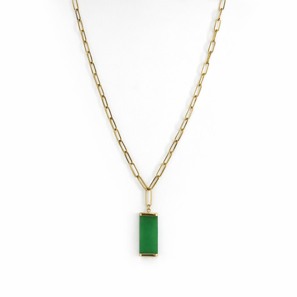 14k Green Jade Rectangular Paperclip Necklace 16"-18