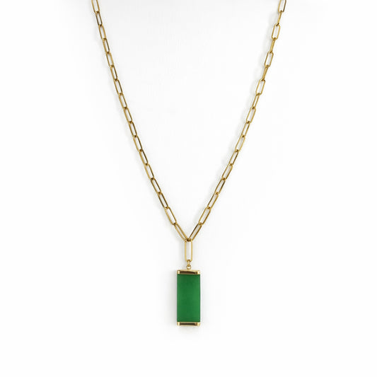 14k Green Jade Rectangular Paperclip Necklace 16"-18