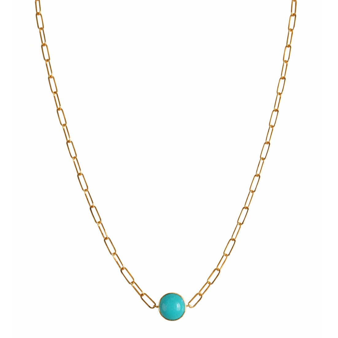 14k Turquoise Bezel Motif Paperclip Chain Necklace