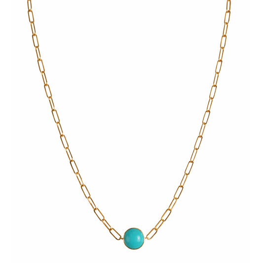 14k Turquoise Bezel Motif Paperclip Chain Necklace
