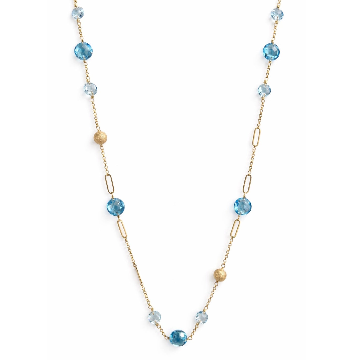 14k Sky & Swiss Blue Topaz Coin Fancy Station Necklace