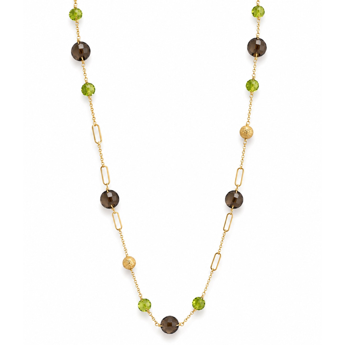 14k Peridot Smoky Quartz Fancy Station Necklace