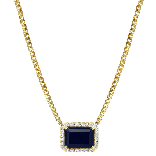 14k Sapphire Diamond Rectangle Bezel Necklace