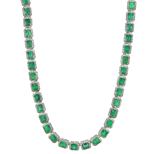 14k White Gold Emerald Diamond Fancy Necklace