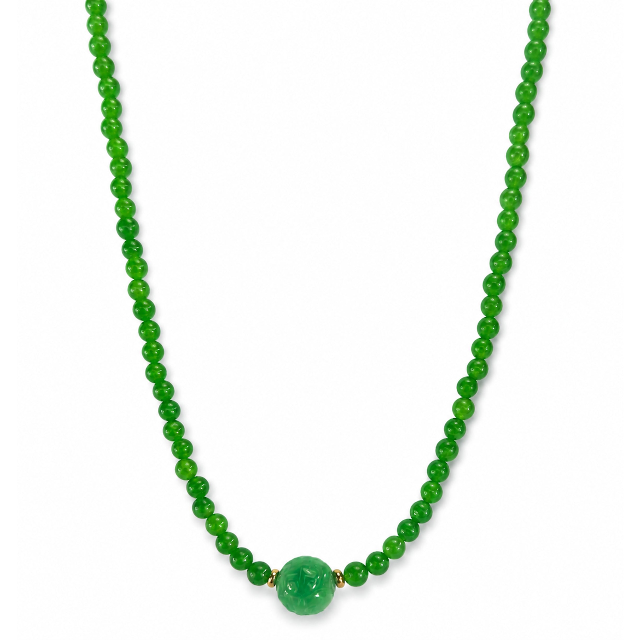 14k Green Jade Carved Bead Center Necklace