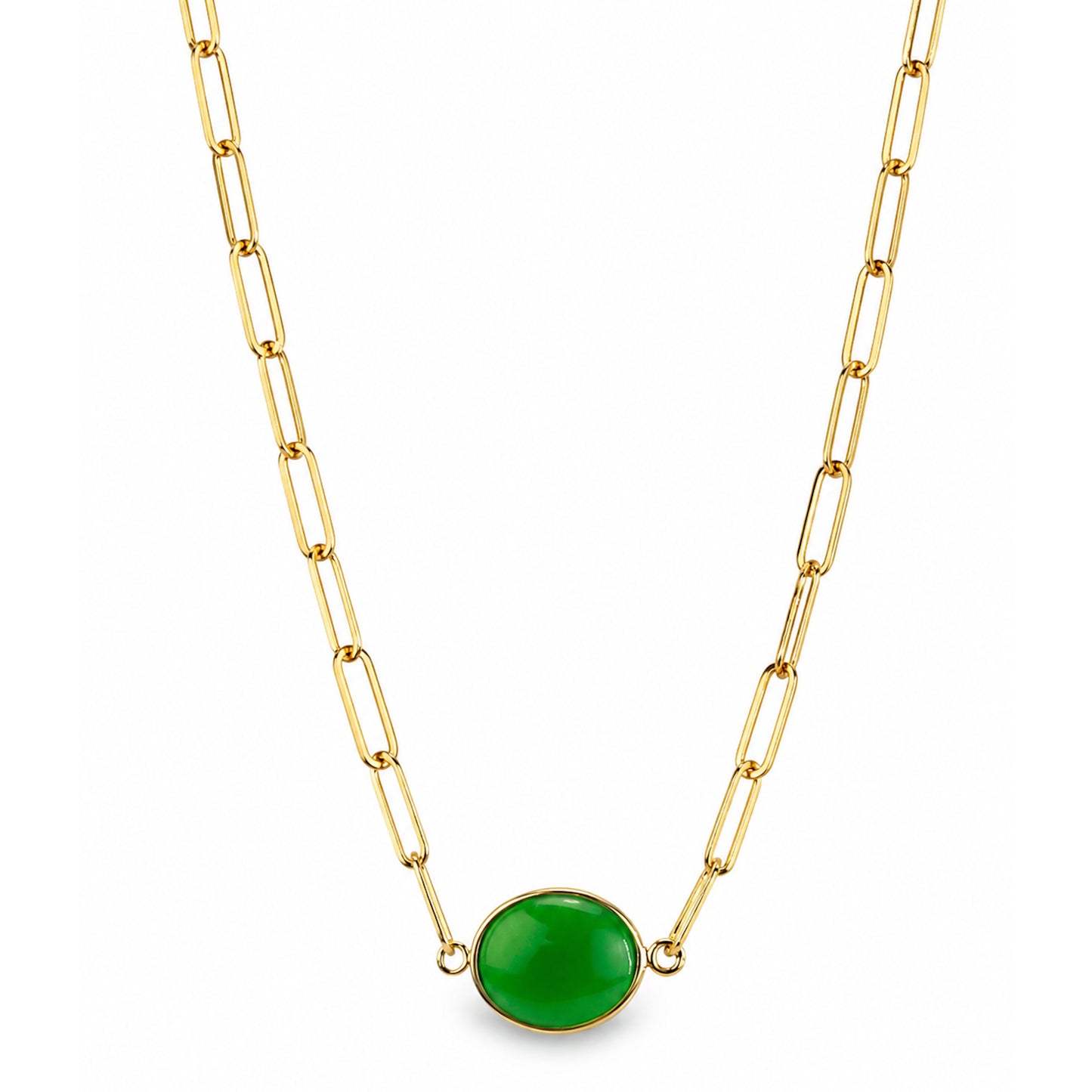 14k Green Jade Oval Center Paperclip Necklace