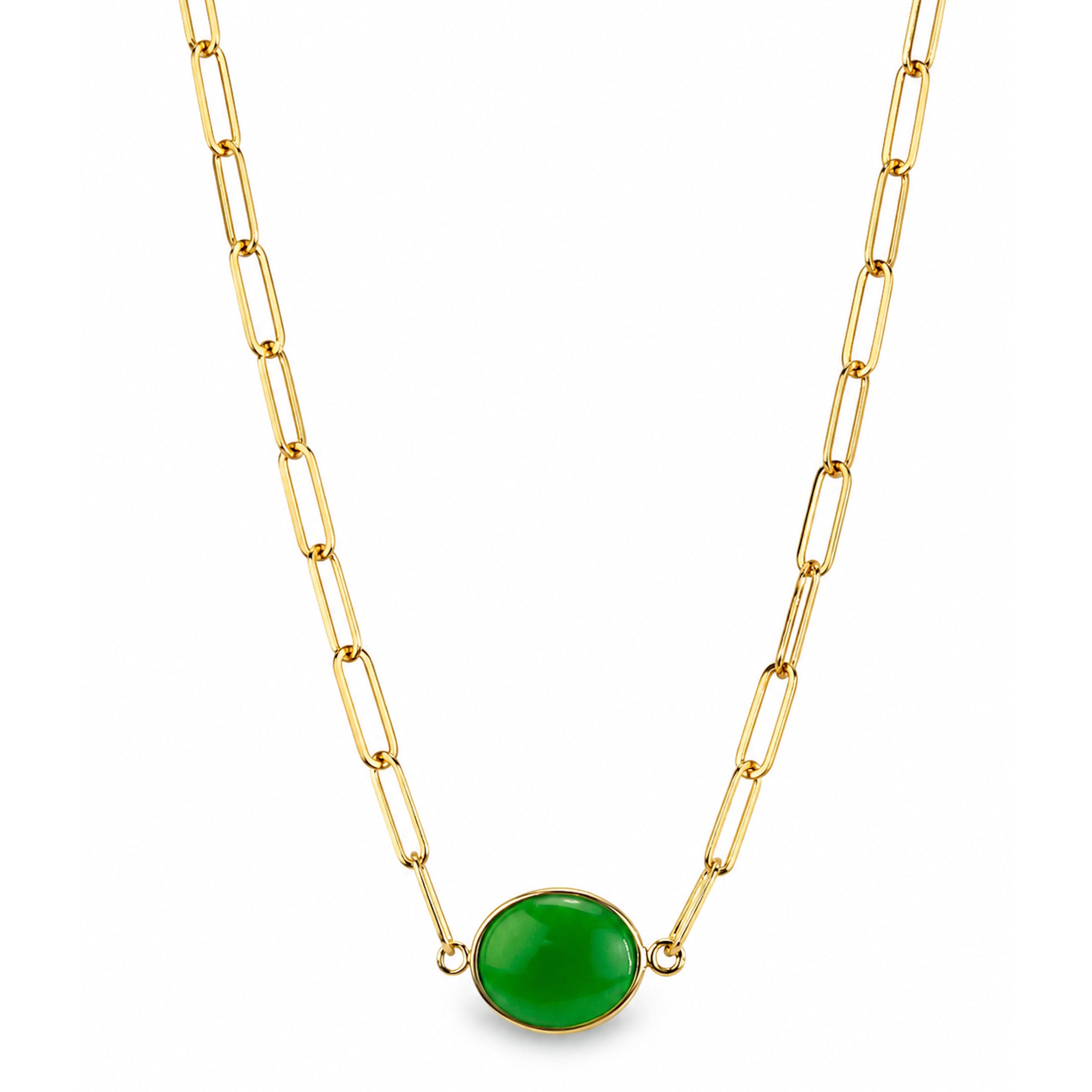 14k Green Jade Oval Center Paperclip Necklace