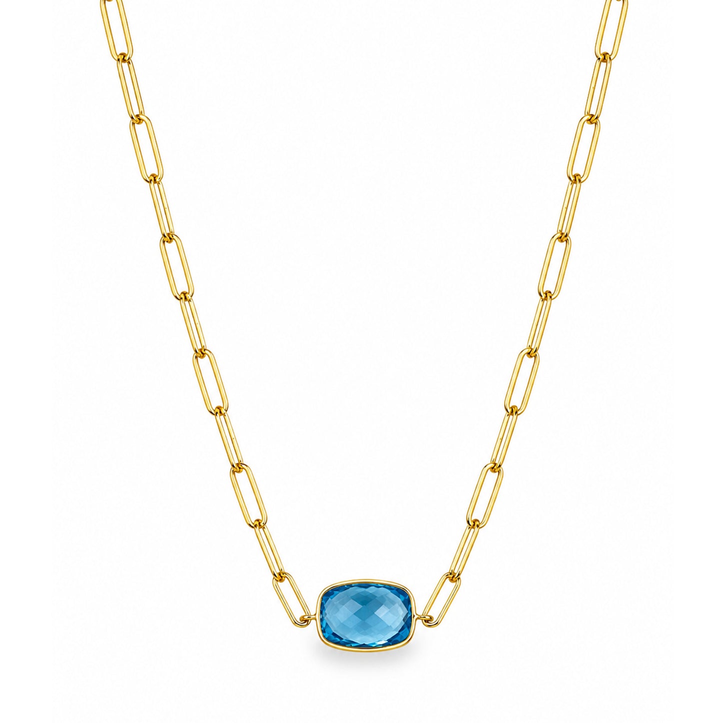 14k Swiss Blue Topaz Cushion Center Paperclip Necklace