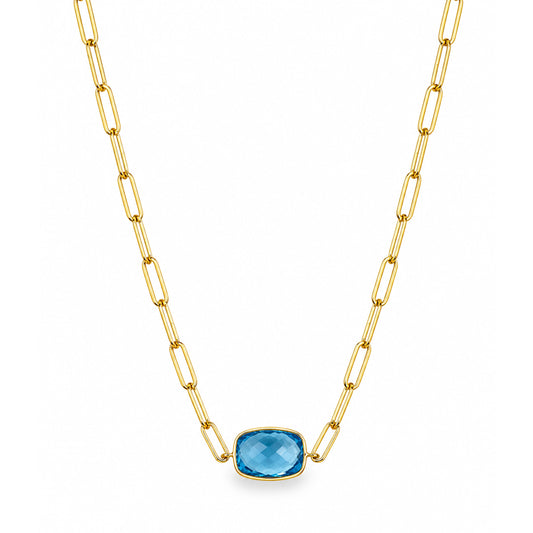 14k Swiss Blue Topaz Cushion Center Paperclip Necklace