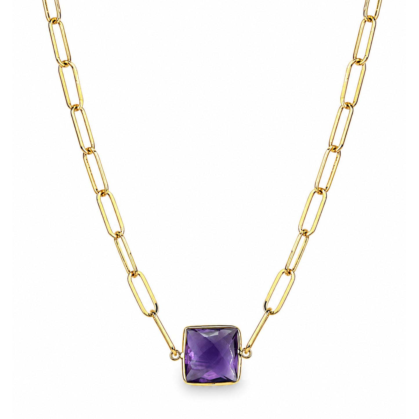 14k Amethyst Square Center Paperclip Necklace