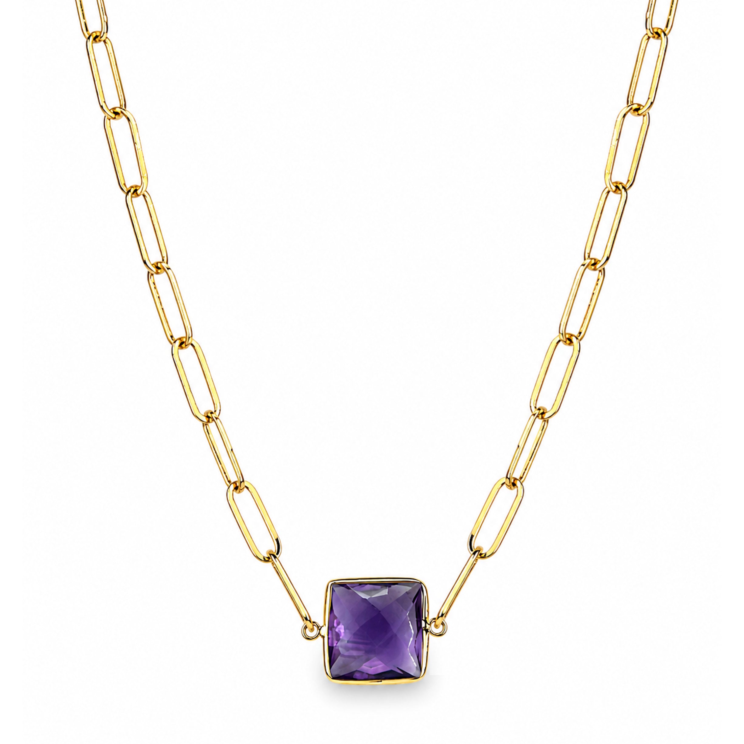 14k Amethyst Square Center Paperclip Necklace