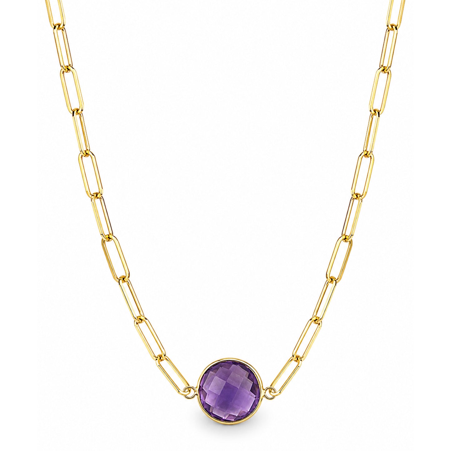 14k Amethyst Round Center Paperclip Necklace