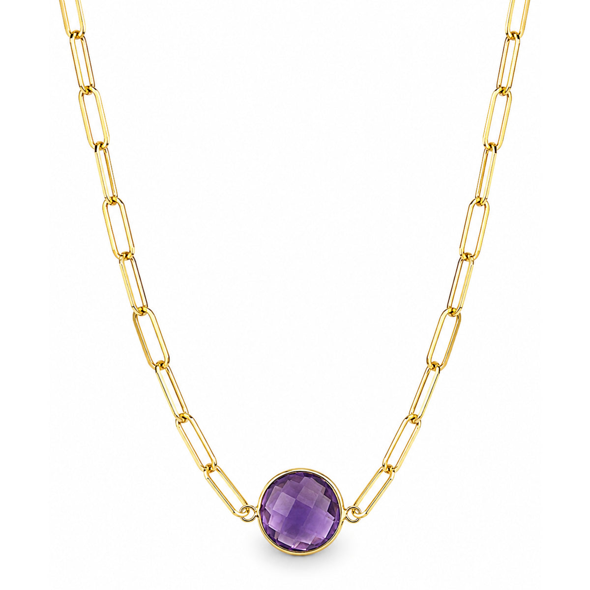 14k Amethyst Round Center Paperclip Necklace