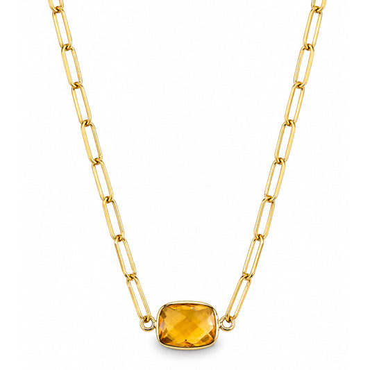 14k Citrine Cushion Center Paperclip Necklace
