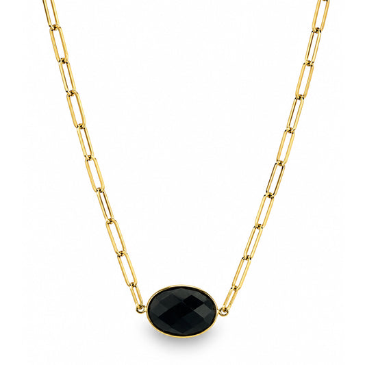 14k Black Onyx Oval Center Paperclip Necklace