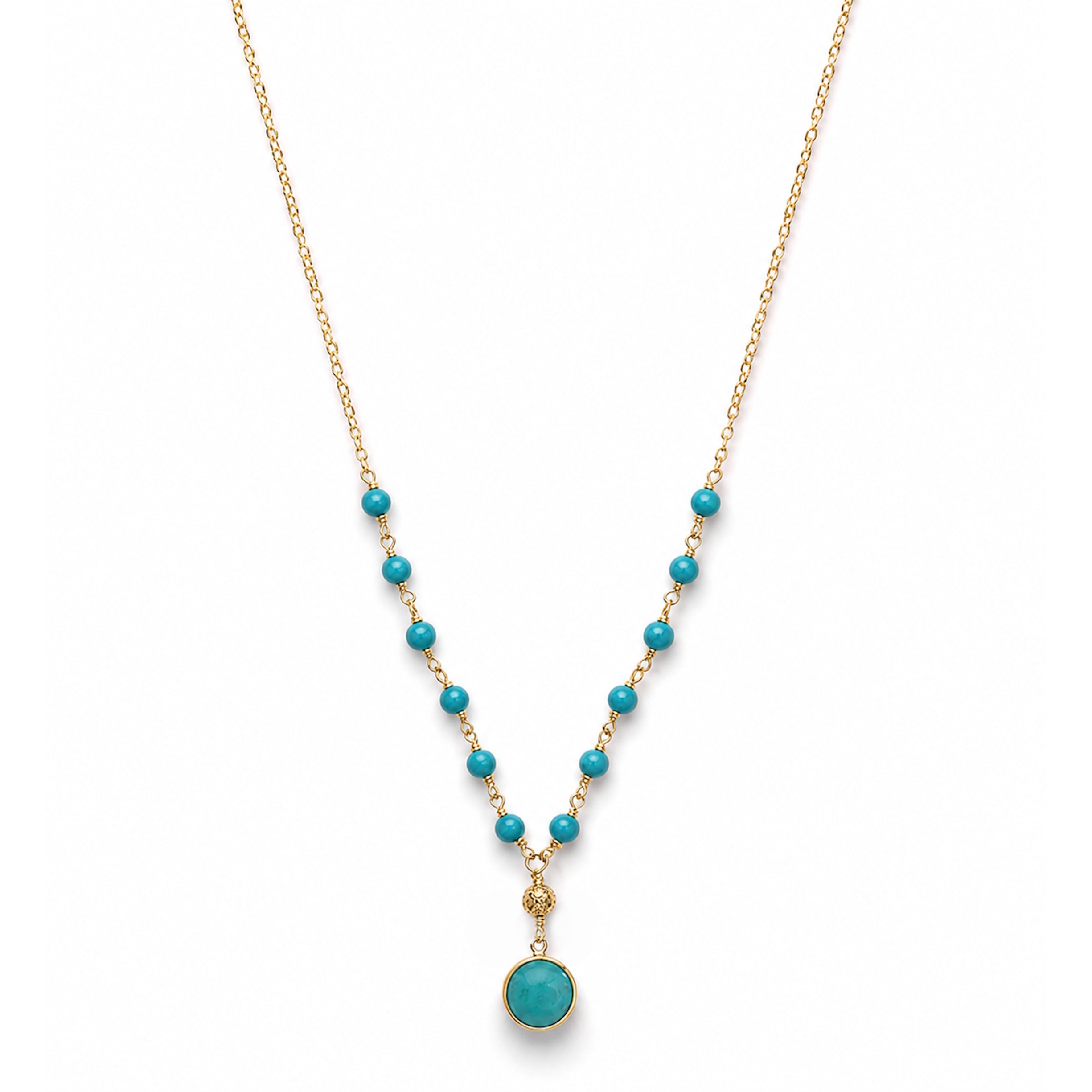 14k Turquoise Link Front Round Bezel Pendant Necklace