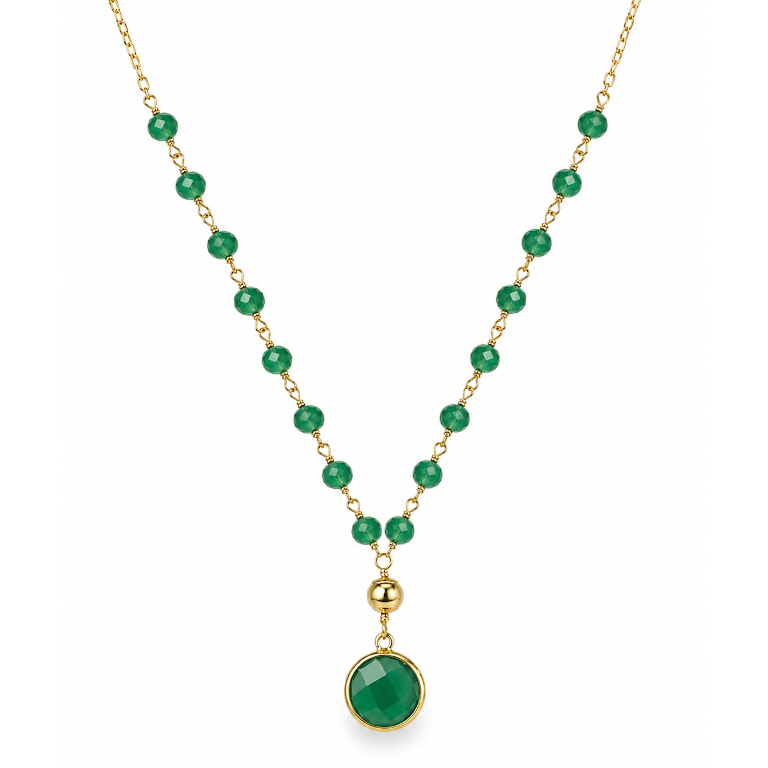 14k Emerald Link Green Onyx Round Pendant Necklace