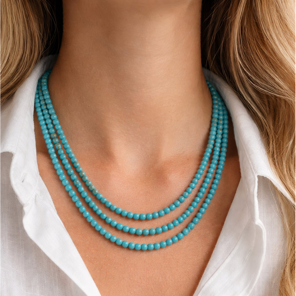 14k White Gold Turquoise Triple Row Necklace