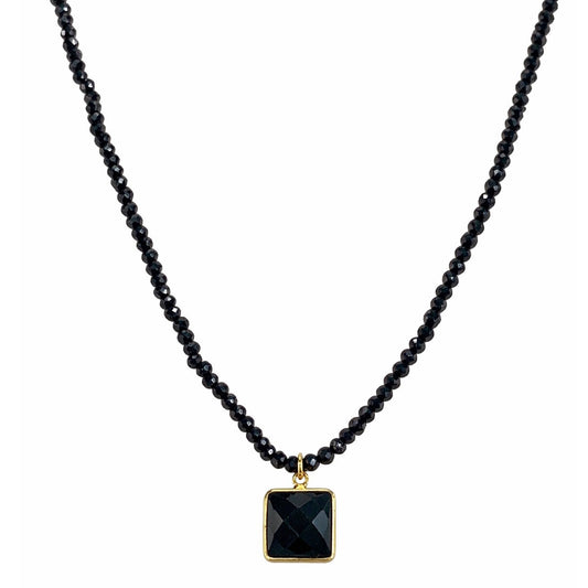 14k Black Spinel Small Beads with Square Pendant Necklace