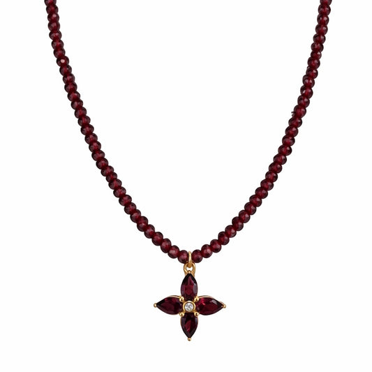 14k Rhodolite Garnet Diamond Flower Pendant Necklace