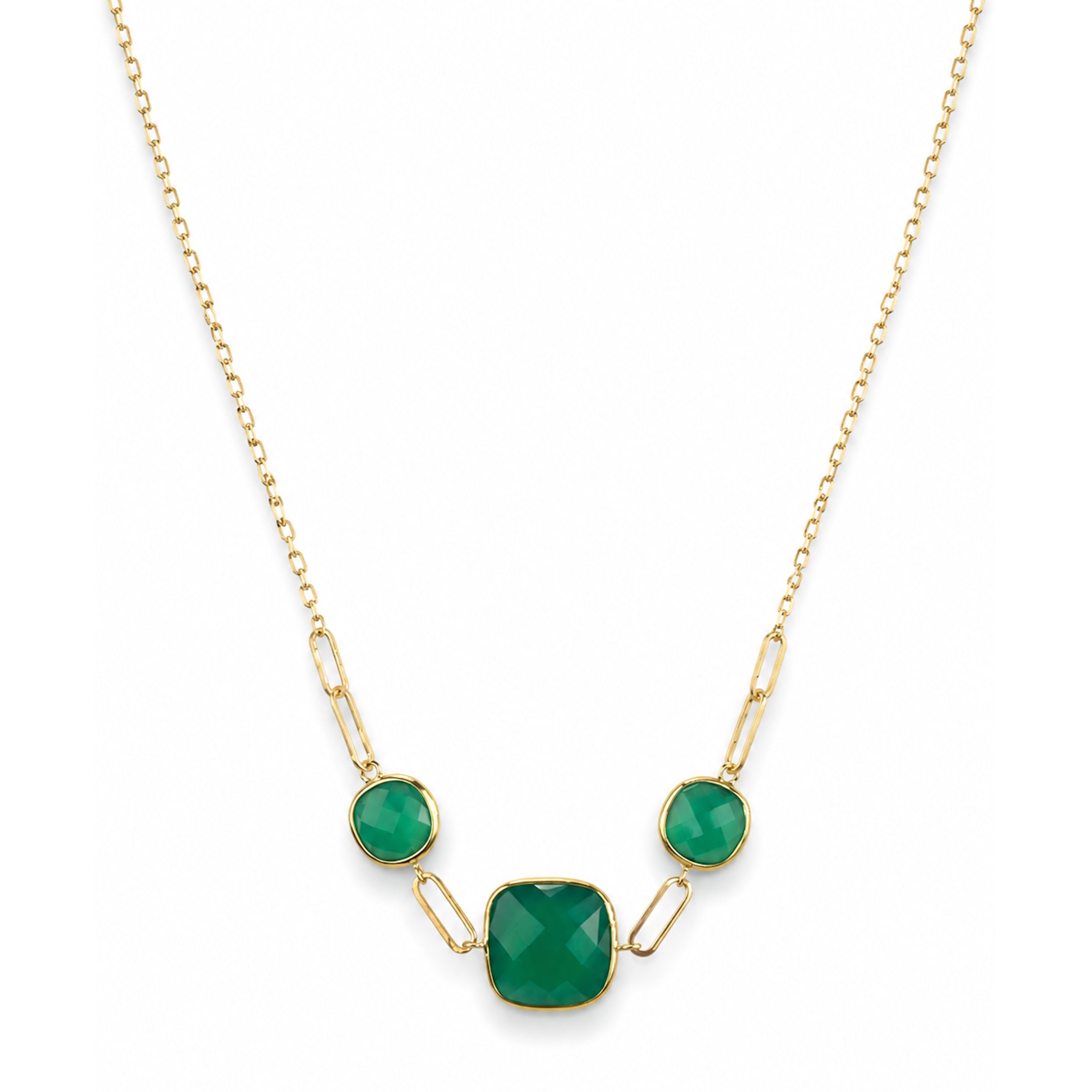 14k Green Onyx 3 Cushion Paperclip Necklace