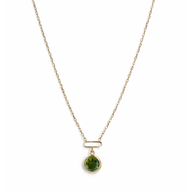 14k Peridot Round Bezel Paperclip Pendant Necklace