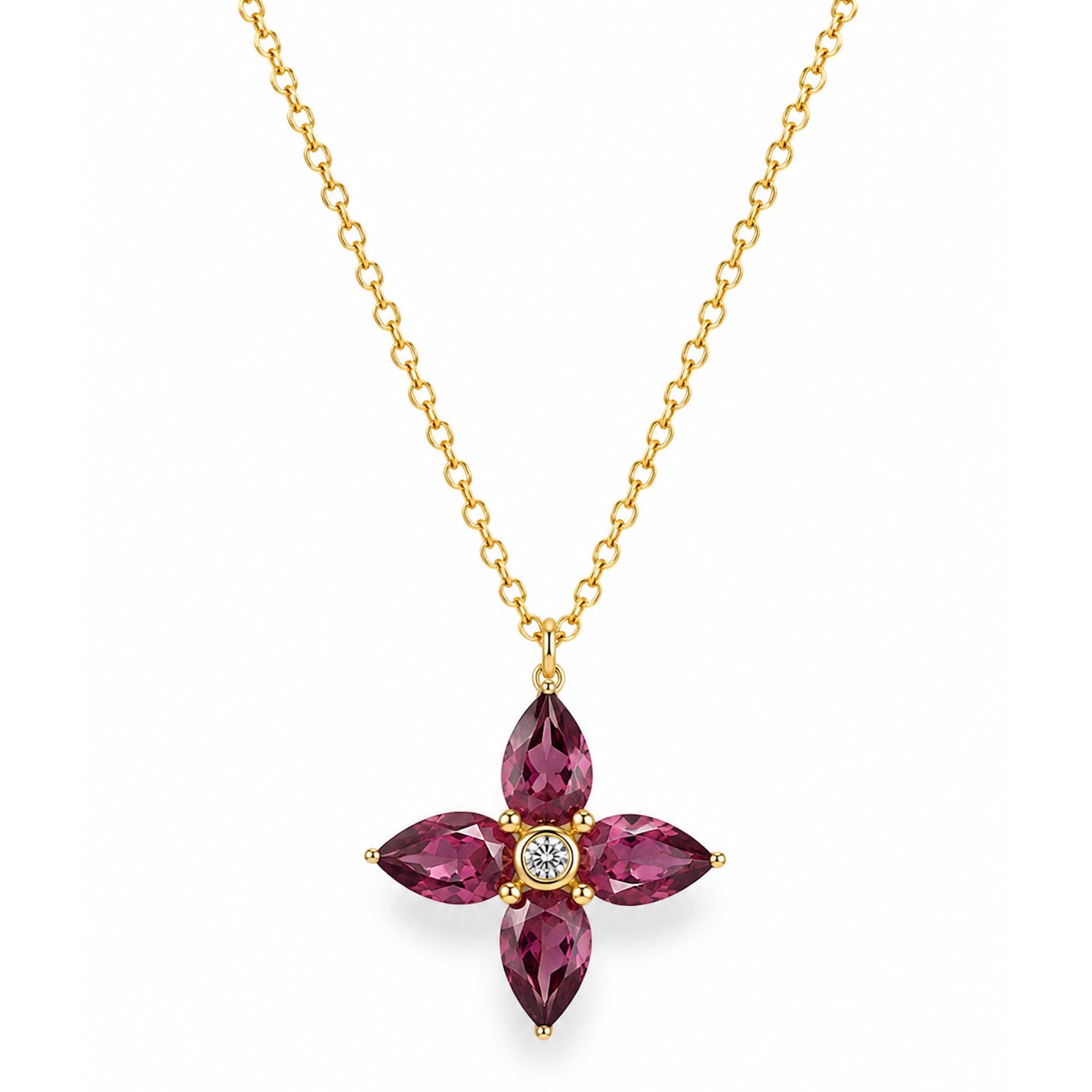 14k Rhodolite Garnet Diamond Flower Pendant Necklace
