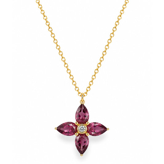 14k Rhodolite Garnet Diamond Flower Pendant Necklace