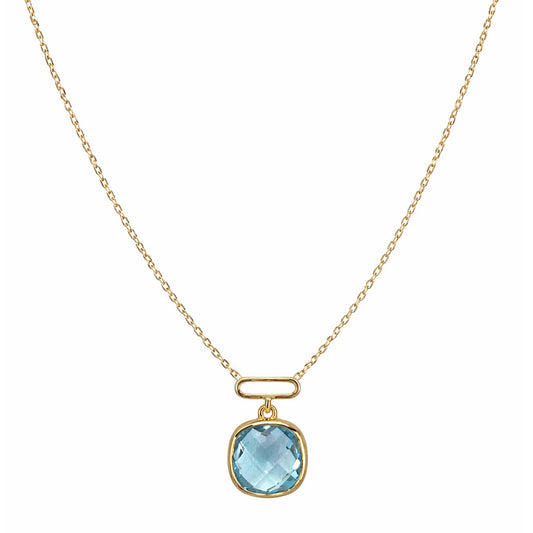 14k Blue Topaz Cushion Paperclip Square Pendant Necklace