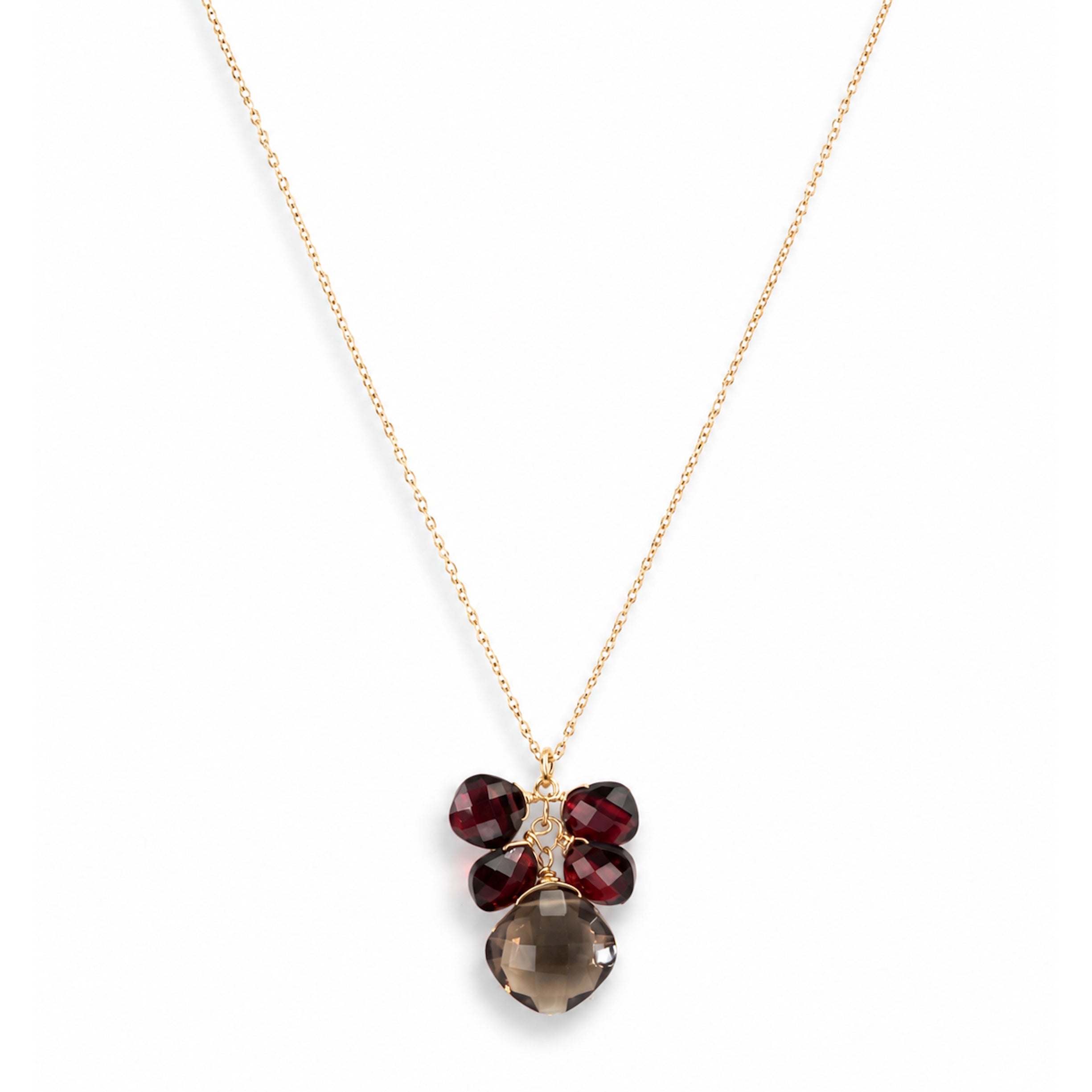 14k Garnet Smoky Quartz Drop Pendant Necklace