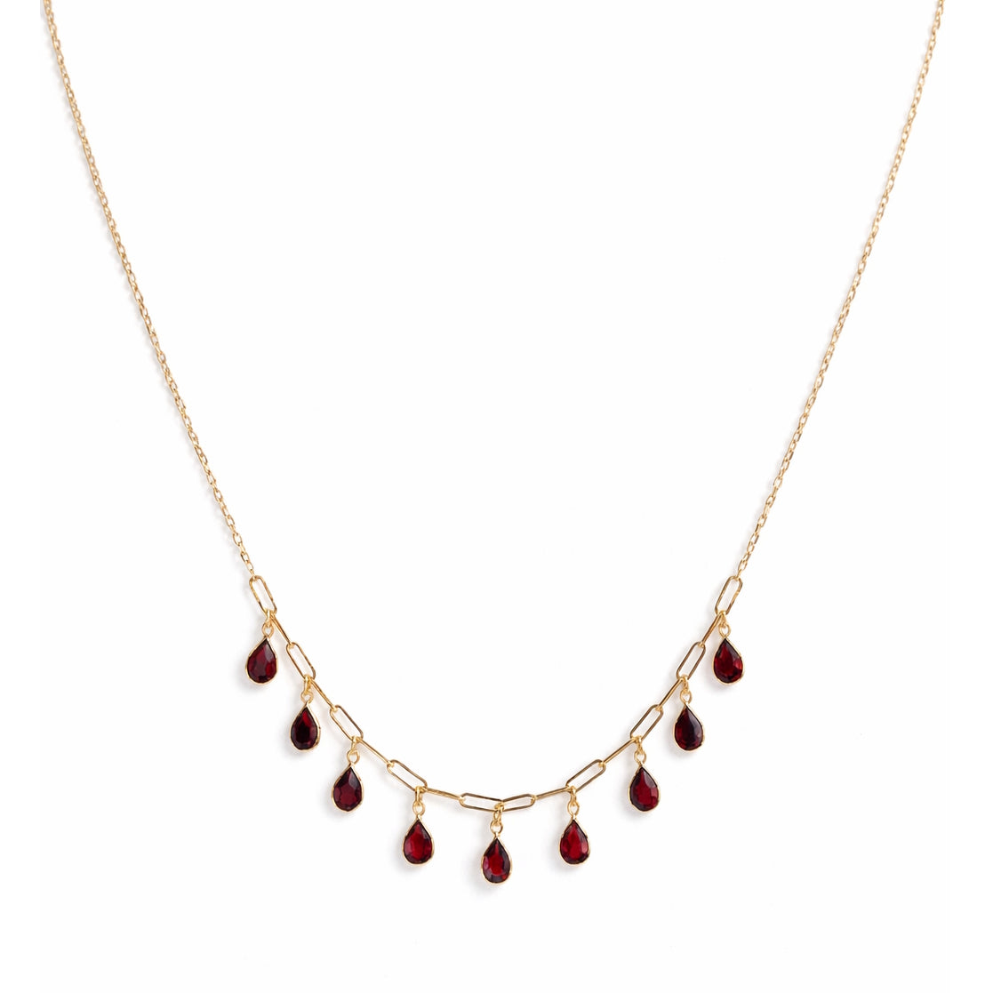 14k Garnet 9 Pear Drop Paperclip Necklace