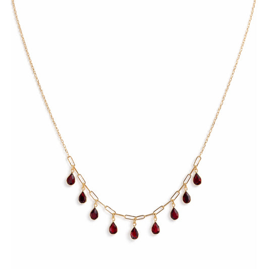 14k Garnet 9 Pear Drop Paperclip Necklace